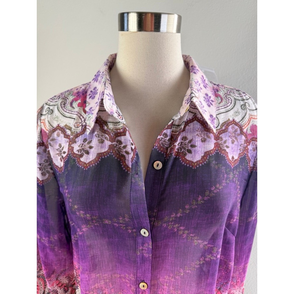 NEW Susan Graver Womens Medium Pink Purple Paisley Button Up Shirt Blouse - Picture 2 of 9